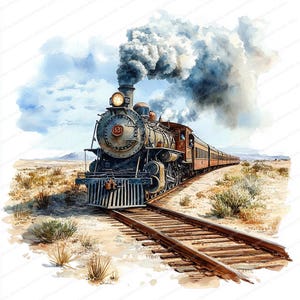 20 imágenes prediseñadas de tren en el desierto / Aventura en locomotora vintage / Imágenes prediseñadas de acuarela imprimibles / JPG de alta calidad / Manualidades de papel / Diario