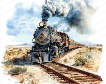 20 Train in the Desert Clipart | Vintage Locomotive Adventure | Printable Watercolor clipart | High Quality JPGs | Paper craft | journal