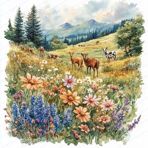 20 Clipart di prati di animali selvatici / Animali che pascolano tra i fiori / Clipart di acquerelli stampabili / JPG di alta qualità / Lavoretti di carta / Diario spazzatura