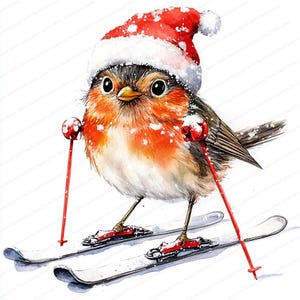 16 kerstbal roodborstje op ski's | Feestelijk winterpret | Afdrukbare aquarel clipart | Hoge kwaliteit JPG's | Digitale download | Papiermodellen