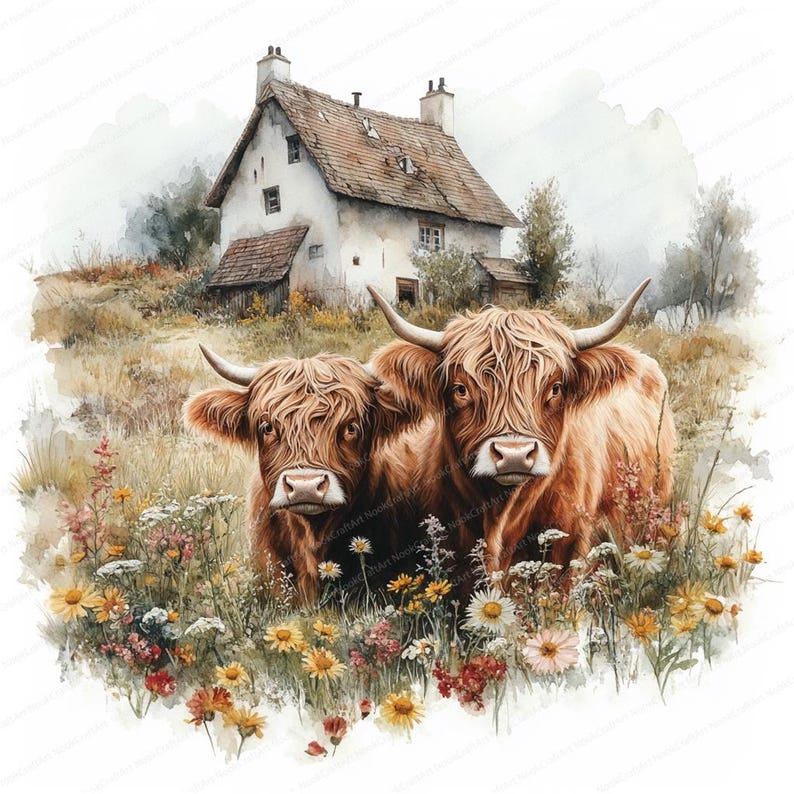 May include: Two brown Highland cattle stand in a field of wildflowers, looking directly at the viewer. A white stone cottage with a brown roof is visible in the background.
