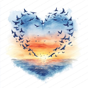 23 clipart de pássaros voadores em formato de coração | Pacote de design de pássaros românticos | clipart em aquarela para impressão | JPGs de alta qualidade | artesanato em papel | diário