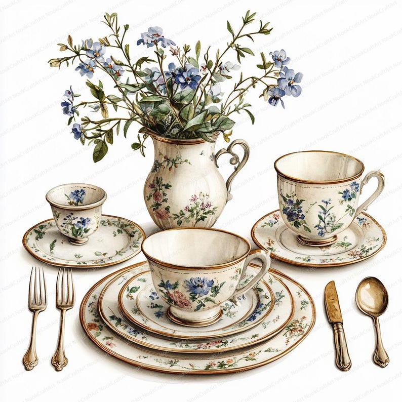 Tableware Graphics Picture 24 Vintage Tableware Clipart | Retro Crockery Graphics | Printable ...