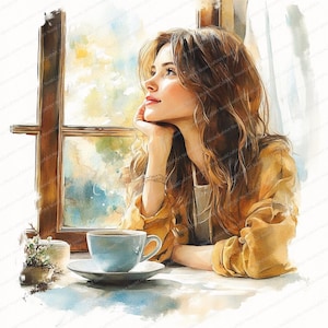 May include: A watercolor painting of a woman sitting by a window, looking out at the view. She is holding a cup of coffee in her hand. The painting is done in a soft, muted palette of browns, yellows, and blues.