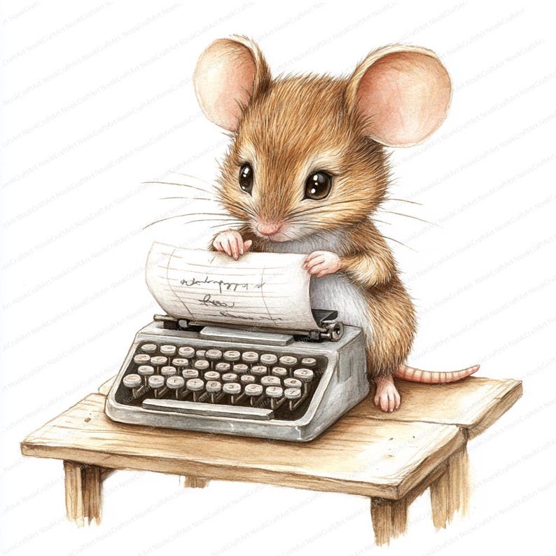 May include: A brown mouse with big ears sits at a vintage typewriter, holding a piece of paper with handwritten text. The typewriter is on a wooden table.
