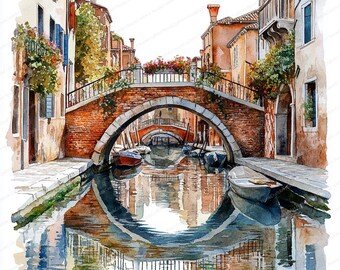 Puede incluir: Una pintura de acuarela de un canal estrecho en Venecia, Italia. El canal está atravesado por un puente de ladrillo con dos arcos. Hay edificios a ambos lados del canal, y un pequeño bote es visible en el agua.