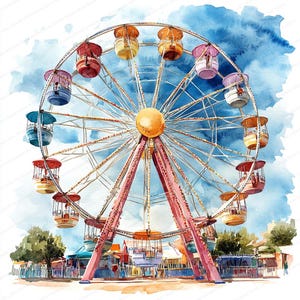 19 Riesenrad Clipart-Set | Freizeitpark Illustration Paket | Druckbare Aquarell Clipart | Hochwertige JPGs | Papiermodell | Zeitschrift