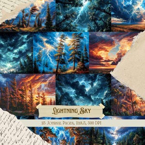 Peut inclure: Une collection d'impressions d'art numérique représentant des orages spectaculaires avec des éclairs au-dessus de forêts et de paysages. Les images présentent des couleurs vives, notamment des bleus, des oranges et des verts. Le texte "Lightning Sky" est affiché sur une bannière.