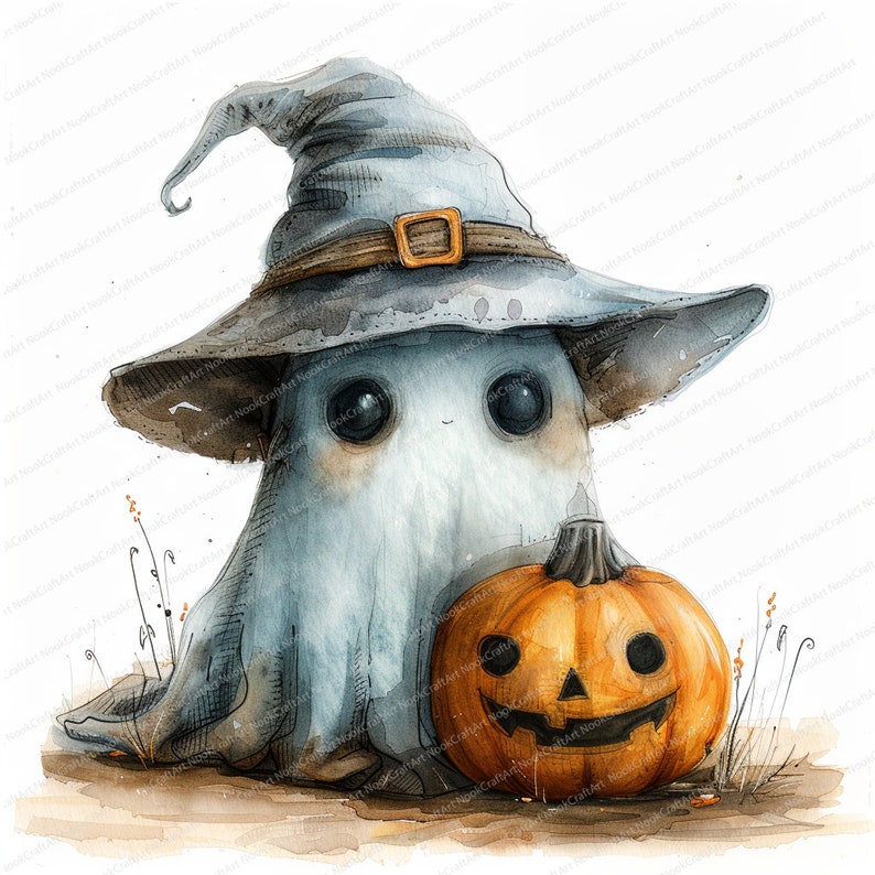 Peut inclure: Illustration &agrave; l'aquarelle d'un fant&ocirc;me amical portant un chapeau de sorci&egrave;re gris avec une boucle dor&eacute;e, appuy&eacute; contre une citrouille orange sculpt&eacute;e. Le fant&ocirc;me a de grands yeux noirs et un petit sourire, pour Halloween.