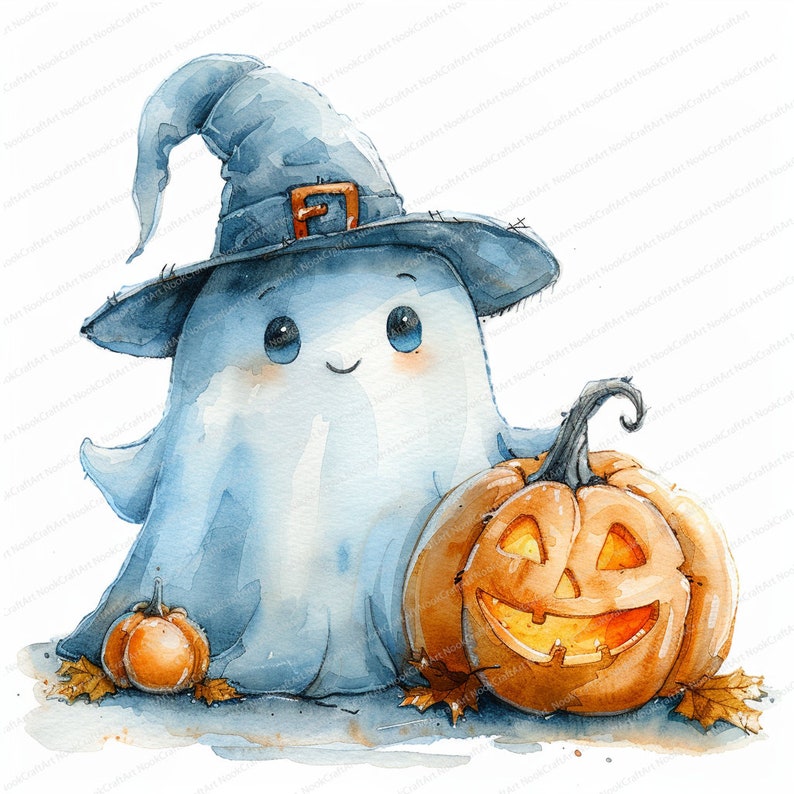 Peut inclure: Illustration &agrave; l'aquarelle d'un fant&ocirc;me amical portant un chapeau de sorci&egrave;re bleu avec une boucle orange, &agrave; c&ocirc;t&eacute; d'une citrouille sculpt&eacute;e et de petites citrouilles. Le fant&ocirc;me est bleu clair avec un visage souriant, parfait pour Halloween.