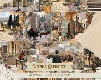 Könnte beinhalten: Eine Collage aus Vintage-Bildern in Sepia-Tönen, die architektonische Szenen, eine Pferdekutsche, eine Geige und ein Musikensemble zeigt. Der Text "Vienna Elegance" und "20 Journalseiten, 27,9x21,6cm, 300 DPI" sind sichtbar.