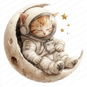 24 Astronaut Katze auf Mond Clipart | Weltraum-bezogene Katzen Illustration | Druckbare Aquarell Clipart | Hochwertige JPGs | Junk Journal