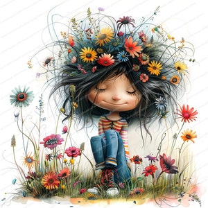 Puede incluir: Una ni&ntilde;a con el pelo largo y negro se sienta en un campo de flores silvestres de colores. Lleva una camisa a rayas y unos vaqueros azules. Tiene los ojos cerrados y una expresi&oacute;n de paz en la cara.