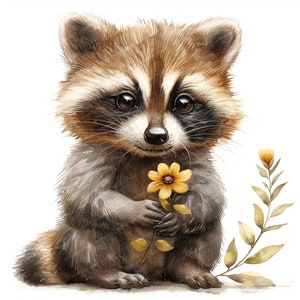 10 Clipart raton laveur avec fleur, clipart raton laveur, clipart aquarelle imprimable, fichiers JPG de haute qualité, téléchargement numérique, créations en papier