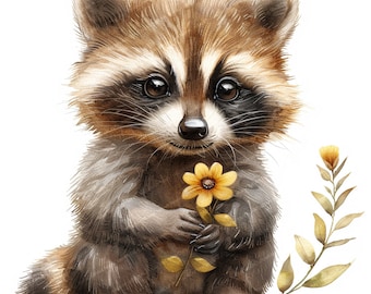 10 imágenes prediseñadas de mapache con flor, imágenes prediseñadas de mapache, imágenes prediseñadas de acuarela imprimibles, archivos JPG de alta calidad, descarga digital, manualidades de papel