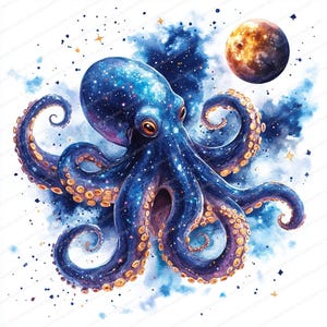 18 imágenes prediseñadas de pulpo celestial / Viaje galáctico entre estrellas / Imágenes prediseñadas de acuarela imprimibles / JPG de alta calidad / Manualidades de papel / Diario basura
