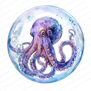 Op de afbeelding: Een aquarel van een paarse octopus die gevangen zit in een blauwe en witte bel. De octopus heeft zijn tentakels om zich heen gekruld en kijkt naar de kijker.