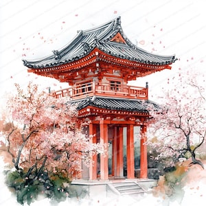 20 cliparts temple japonais | Oeuvre d'art en fleurs de cerisier | Clipart aquarelle imprimable | JPG de haute qualité | Créations artisanales en papier | Journal indésirable