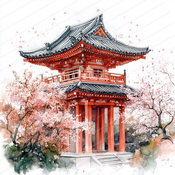 20 日本の寺院のクリップアート | 桜のアートワーク | 印刷可能な