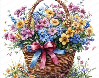 20 春の花のバスケット クリップアート | 花とリボンのイラスト | 印刷