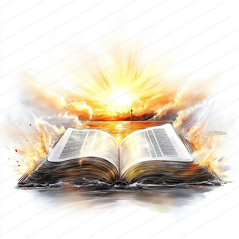 May include: An open book with a golden cover and pages filled with text. The book is floating on a body of water with a sunset in the background. The sun is shining brightly and there are clouds in the sky.