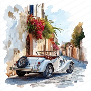 17 vintage converteerbare auto-clipart | Klassiek voertuigontwerp met open dak | Afdrukbare aquarel clipart | Hoge kwaliteit JPG's | Papierkunst