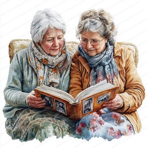 May include: Two women in scarves are sitting on a couch and looking at a photo album together. The album is open and shows several photos of people. The women are smiling and seem to be enjoying each other's company.