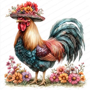 21 Clipart coq avec chapeau floral | Conception fantaisiste d'animaux de ferme | Clipart aquarelle imprimable | JPG de haute qualité | Créations artisanales en papier | revue