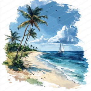 May include: A watercolour painting depicting a tropical beach. Palm trees stand on the sandy shore, with a sailboat on the turquoise water. Fluffy white clouds are in the bright blue sky, and birds fly above. The artwork has a soft, artistic style.