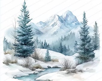 18 Watercolor Winter Mountain Clipart | Mountain Clipart | High Quality JPGs | Digital Download | Paper Craft | Junk Journal