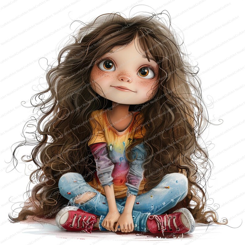 Puede incluir: Una ilustraci&oacute;n de dibujos animados de una ni&ntilde;a con el pelo largo y rizado marr&oacute;n que lleva una camisa amarilla con un dise&ntilde;o de salpicaduras de pintura arco&iacute;ris, pantalones vaqueros azules con roturas y zapatillas rojas. Est&aacute; sentada con las piernas cruzadas y las manos en el regazo, mirando hacia arriba.