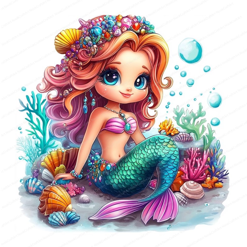 May include: A cartoon mermaid with pink hair and a crown of seashells and jewels sits on a rock surrounded by coral and seashells. She has a turquoise tail and is wearing a pink bikini top and a necklace with a turquoise pendant.