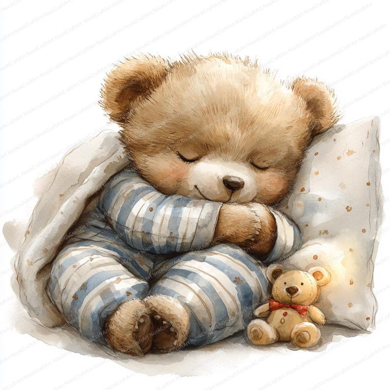 24 oursons endormis en pyjama Clipart | Illustration numérique mignonne à l'heure du coucher | Clipart aquarelle imprimable | JPG de haute qualité | Créations en papier image 1