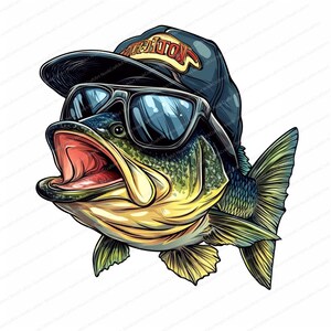 Op de afbeelding: Een cartoonillustratie van een baars die een zonnebril en een zwarte baseballpet draagt met het woord "NATION" erop geschreven in gele letters.