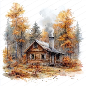 May include: Watercolor painting of a rustic log cabin nestled in a forest during autumn. The cabin has a stone chimney with smoke, surrounded by trees with orange and yellow leaves. The scene evokes a sense of warmth and tranquility.