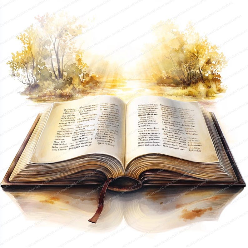 May include: An open book with aged pages and a leather cover, resting on a reflective surface. The book is set against a watercolor background of trees and a sunlit lake.