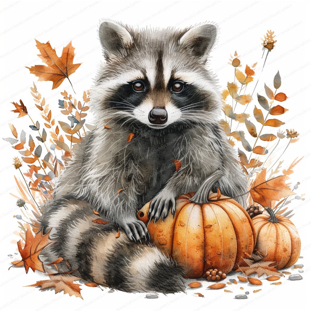 12 Cute Fall Raccoons Clipart | Watercolor Autumn Raccoon | High ...