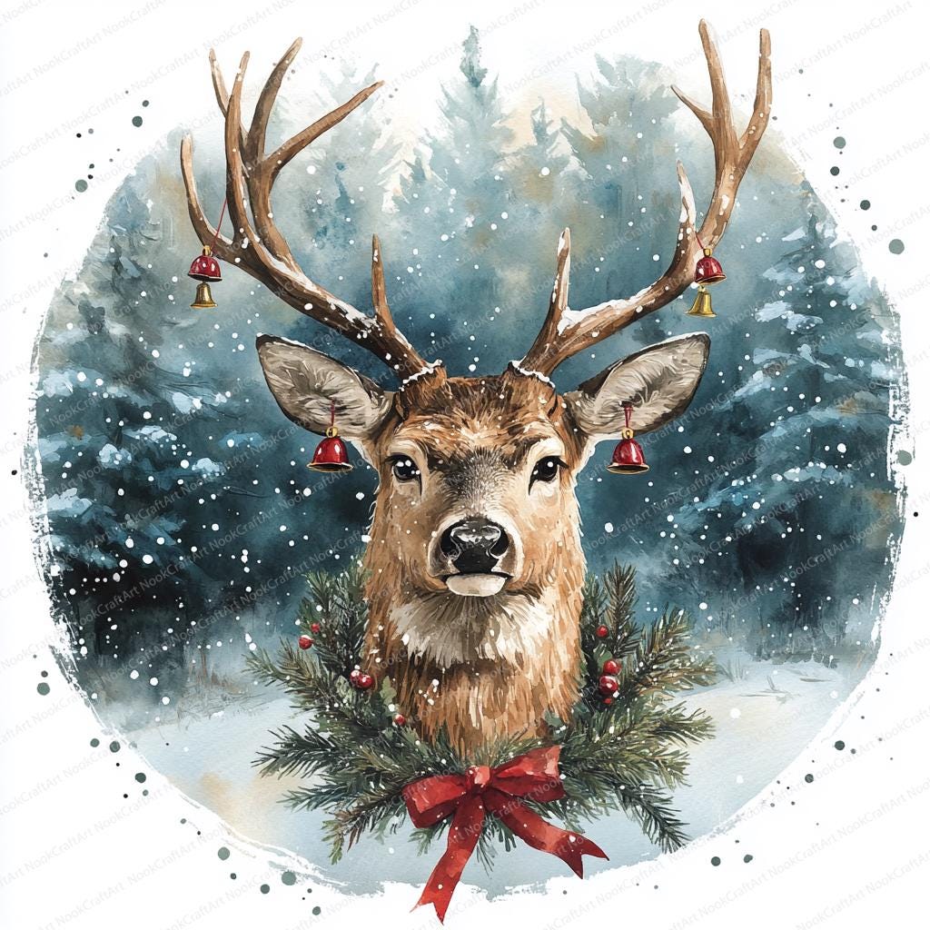 ベル付きトナカイのクリップアート24点｜お祝いリースのホリデー