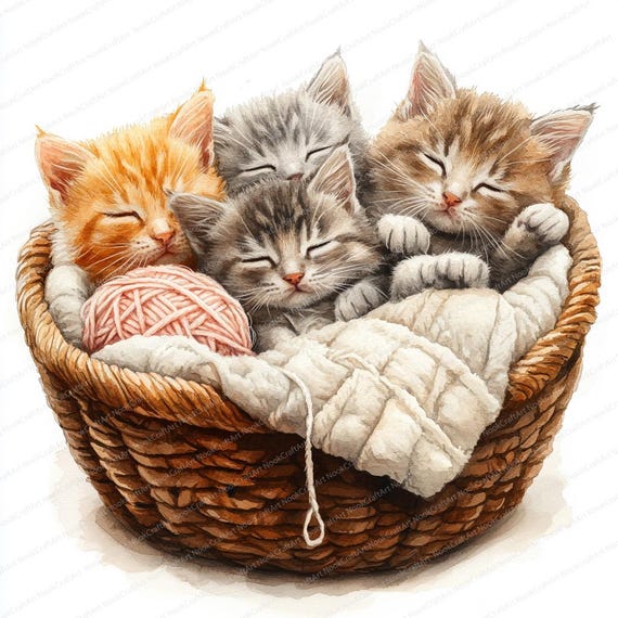 18 Cat Family Clipart | Cute Kittens in Basket Illustration