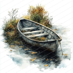 18 River Drift Boat Clipart / Perso tra il fogliame lussureggiante / Clipart acquerello stampabile / JPG di alta qualità / Lavoretti di carta / Diario di spazzatura