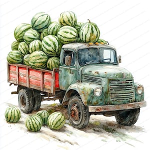 17 Imágenes prediseñadas de camión de sandía / Ilustración de entrega de frutas de verano / Imágenes prediseñadas de acuarela imprimibles / JPG de alta calidad / Manualidades de papel / Diario