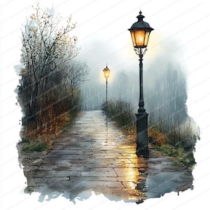 22 Street Lamp Rainy Sidewalk Clipart | Nighttime Urban Scene Illustration | Printable Watercolor clipart | High Quality JPGs | Junk journal