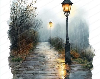 22 街灯 雨の歩道 クリップアート | 夜間の都市風景イラスト | 印刷