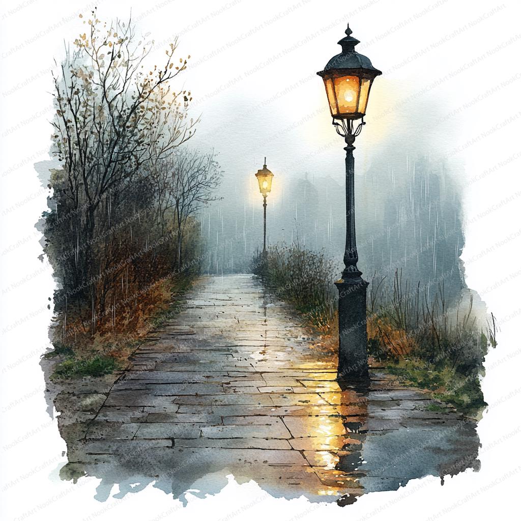 22 街灯 雨の歩道 クリップアート | 夜間の都市風景イラスト | 印刷