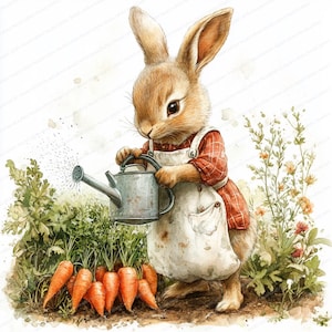 12 Häschen Gießen Karotte Clipart | Garten unter dem Motto Digitale Illustration | Druckbare Aquarell Clipart | Hochwertige JPGs | Junk Journal