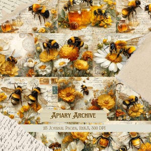Op de afbeelding: Een collage van vintage-stijl journaalpagina's met bijen, bloemen en honingpotten. Het ontwerp bevat de tekst "Apiary Archive" en "25 Journal Pages, 11x8.5, 300 DPI". Het kleurenpalet is warm, met geel, crème en bruin.