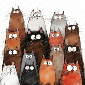 16 imágenes prediseñadas de gatos / Dibujos animados divertidos de gatitos agotados / Imágenes prediseñadas de acuarela imprimibles / JPG de alta calidad / Descarga digital / Manualidades de papel
