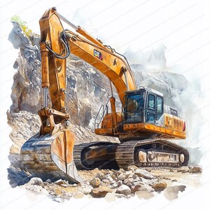 May include: A yellow and white Caterpillar excavator with a large metal bucket is digging into a pile of rocks. The excavator is on a dirt road with more rocks in the background.
