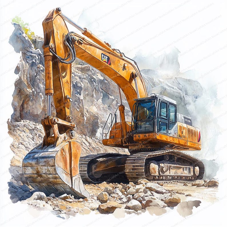 May include: A yellow and white Caterpillar excavator with a large metal bucket is digging into a pile of rocks. The excavator is on a dirt road with more rocks in the background.