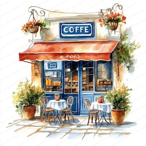 May include: A watercolor painting of a small cafe with a red awning and blue trim. The cafe has a sign that says "COFFEE" and a window display with pastries and drinks. There are two tables with chairs set up outside the cafe.